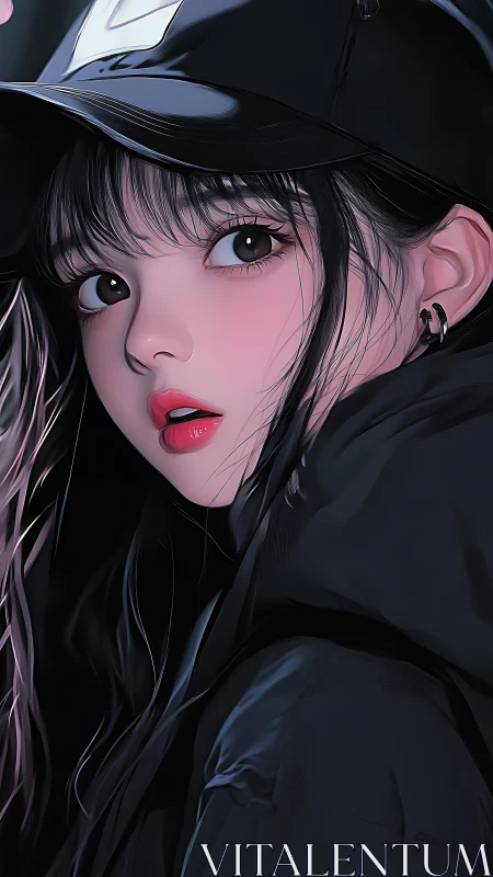 Streetwear girl portrait with glossy cap and shadows.