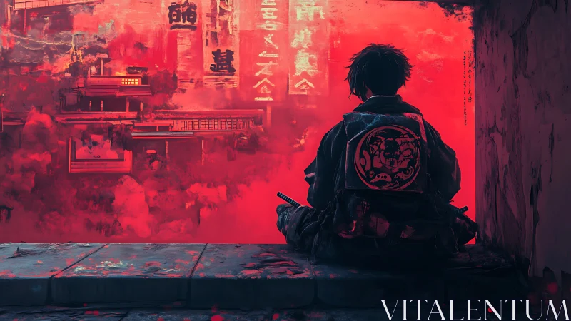 Lone urban wanderer facing red neon cityscape haze.