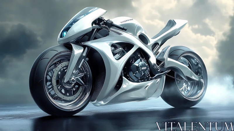 Futuristic white superbike gleams on a misty reflective roadway.