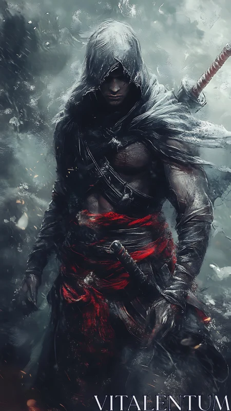 Hooded dual‑sword warrior in storm, red sash, cinematic detail