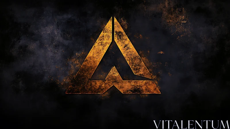 Angular metallic emblem on textured dark abstract surface.