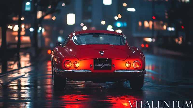 Classic red sports car glows on a rainy neon city street.