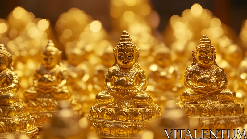 Rows of small golden Buddha statues sit on ornate bases