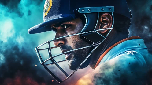 Focused cricket batsman in helmet under dramatic lighting.