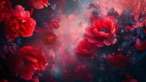 Ethereal Red Blooms Suspended in Atmospheric Mist.