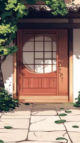 Sunlit garden shoji door framed by climbing emerald vines.