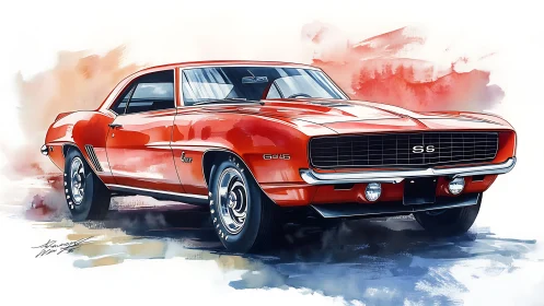 Red classic muscle car rendered in detailed watercolor illustration