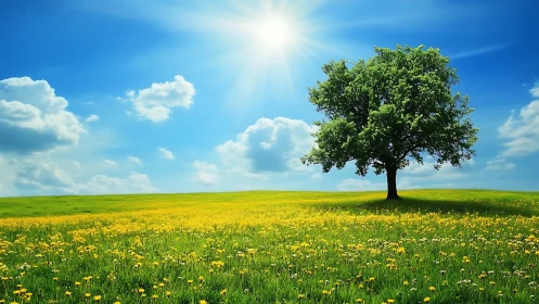 Single green tree stands in sunny field of yellow wildflowers