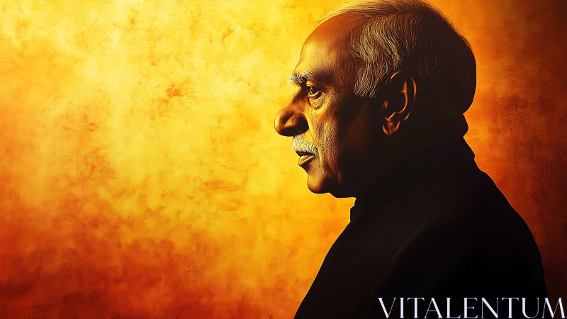 Elder thinker in molten gold light, profile of quiet resolve.