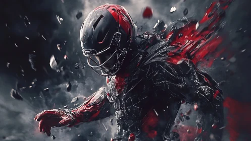 Armored football figure dissolving into red fragments.
