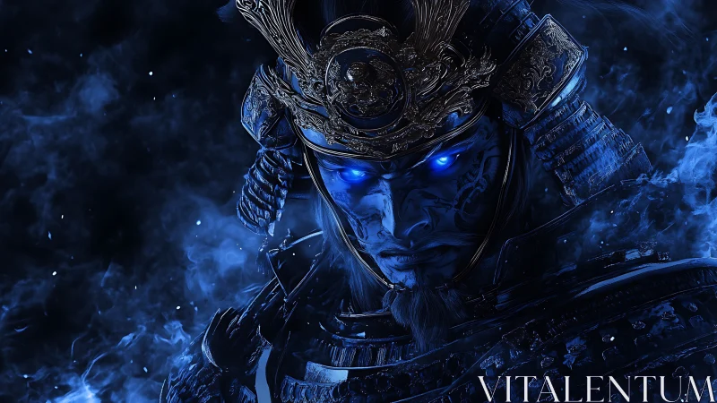 Spectral samurai warrior glares through swirling blue mist.