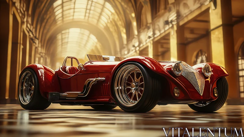 Red custom roadster in ornate hall with warm lighting.