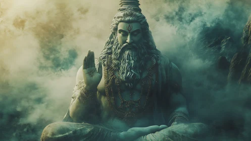 Monumental meditating deity rendered in atmospheric digital chiaroscuro