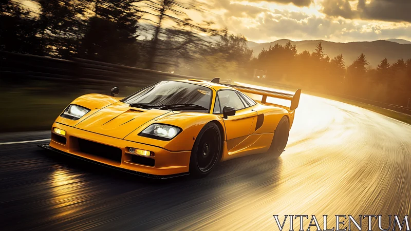 Yellow race car speeds along wet track at golden sunset.
