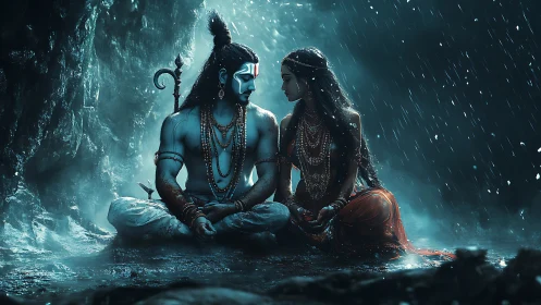 Divine couple in monsoon cave with cinematic blue lighting.