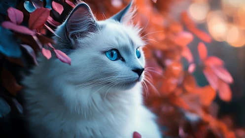 White Cat with Striking Blue Eyes Among Autumn Blooms.