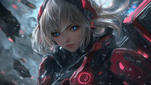 Cybernetic pilot in red exosuit amid dynamic debris field.