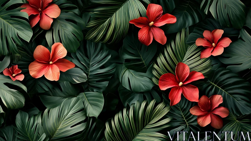 Crimson Blooms Dance Through Emerald Leaves.