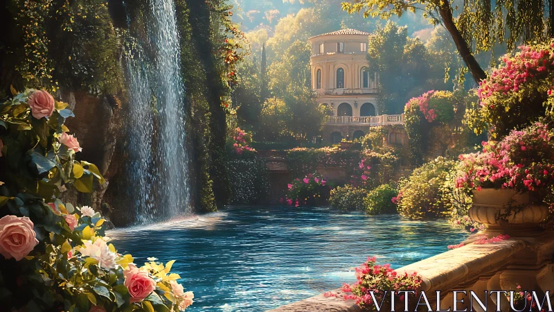 Sunlit waterfall manor wrapped in blooming secret gardens.