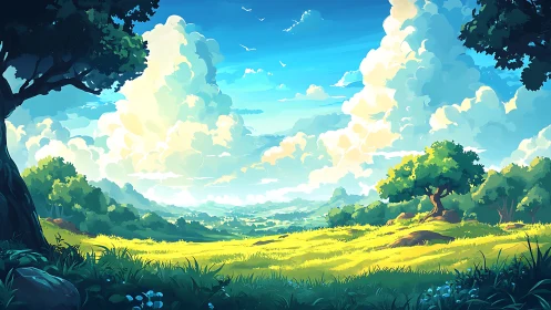 Sunlit grassy valley extends beneath towering cloud formations