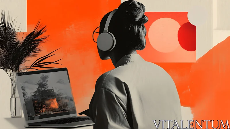 Silhouetted listener studies laptop screen against vivid orange art