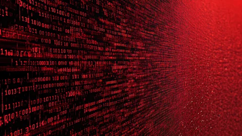Red binary code matrix forming dense digital data wall.