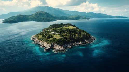 Forested Island Formation with Distant Volcanic Peak.