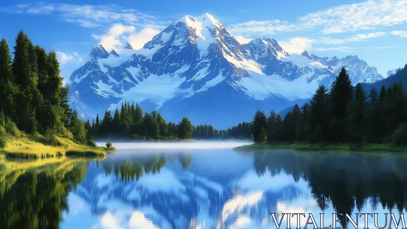 Snow covered mountain reflected in calm alpine lake