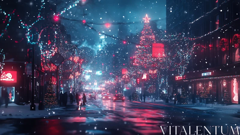 Nocturnal urban winter street with neon red holiday lights