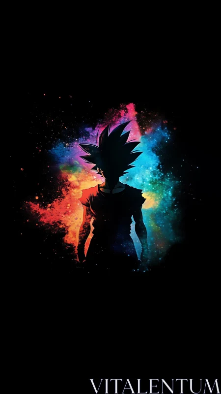 Silhouetted spiky-haired figure framed by bright color cloud