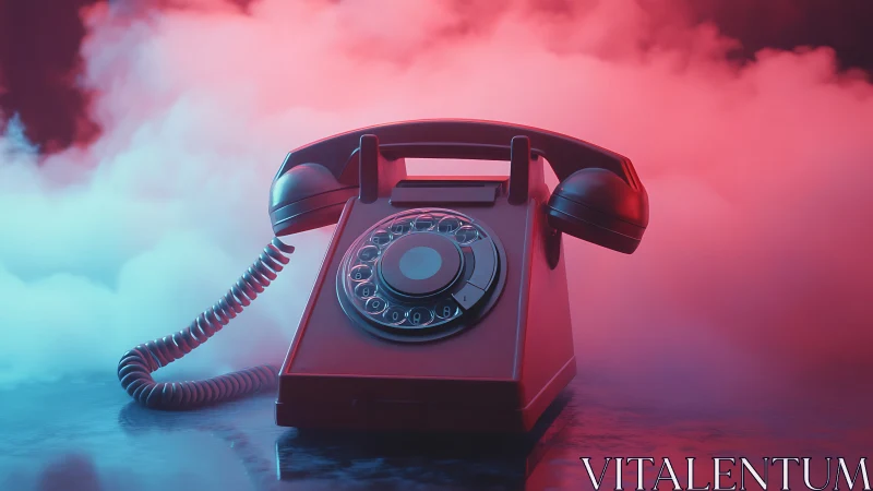 Retro rotary desk telephone in neon foggy studio lighting