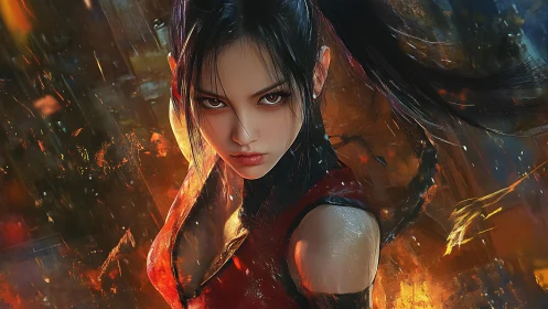 Blazing night warrior with ember-lit gaze in storming neon.