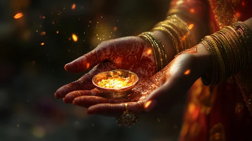 Henna-adorned hands cradle glowing ceremonial diya flame.