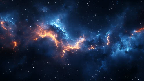 Starfield with blue nebula and orange plasma band.