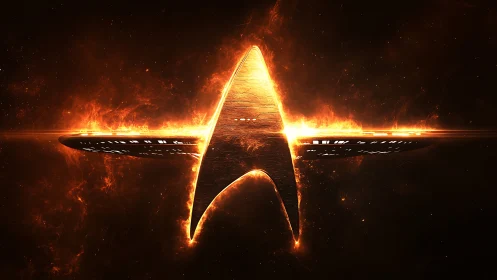 Glowing delta emblem with starship silhouette in deep space.