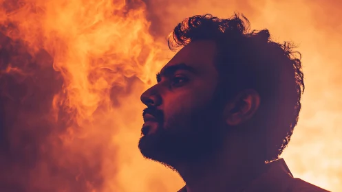 Side-lit male silhouette against turbulent flame field.