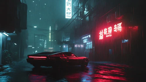 Futuristic sports car waits in neon soaked cyberpunk alleyway.