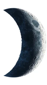 Crescent lunar surface rendering with detailed craters and glow.