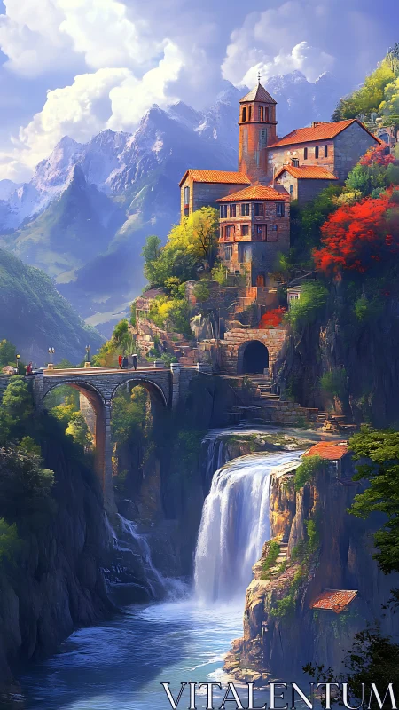 Cliffside village and stone bridge overlook tall mountain waterfall