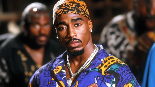 Portrait shows man in patterned clothing against blurred crowd