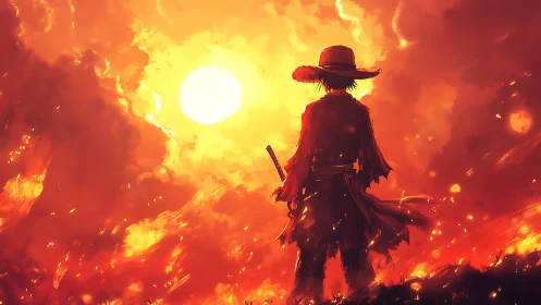 Solitary Wanderer Standing Tall in Fiery Desert Landscape.