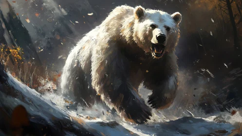 Predatory polar bear charging through dynamic winter brush.