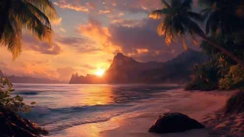 Tropical coastline sunset with calm sea and palm trees.