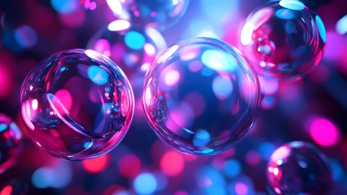 Shiny Floating Bubbles in Neon Abstract Style with Colorful Lights.
