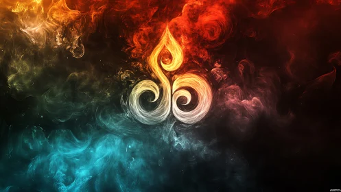 Tricolor swirling emblem amid abstract smoky gradients.
