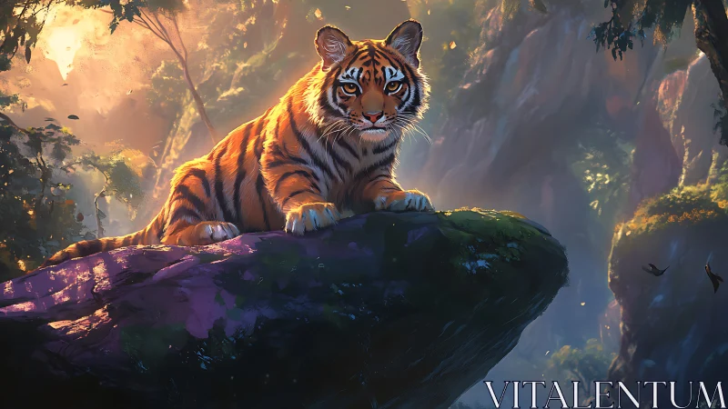 Young tiger resting on a sunlit jungle rock ledge.