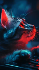 Neon-lit cat with red and cyan luminescent fur