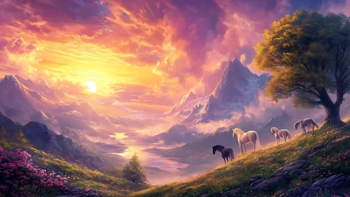 Colorful mountain valley sunset with grazing horses scene.