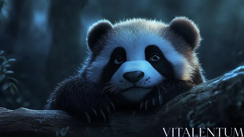 Softly lit stylized panda cub rendered in cinematic 3D realism