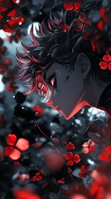 Crimson-eyed anime warrior framed by glowing red petals.